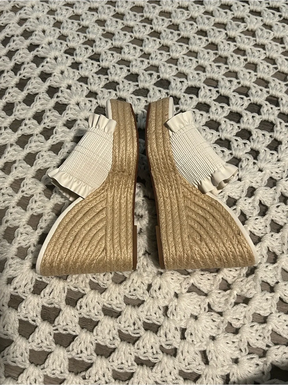 Jessica Simpson Cream Ruffle Smocked Wedge Slides